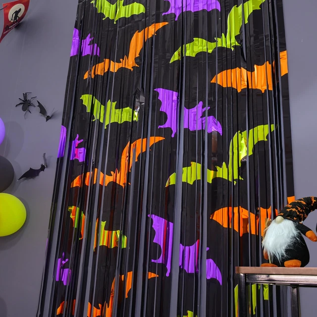 Alt view image 7 of 7 - Mega-L Halloween Party Decorations, Bat Pattern Photo Backdrop, 4 Pack Halloween Photo Booth Props, 3.3 X 6.6 ft, Metallic Foil Fringe Curtains, Spooky Photo Backdrop, Halloween Streamers