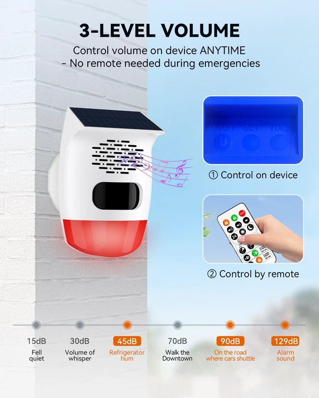 Alt view image 5 of 7 - 2-Pack Solar Motion Sensor Alarm, 120dB Deer Bear Deterrent, IP65 Motion activated voice player, Custom voice upload, Lithium battery, For chicken coop, Pool gate, Garage, Farm protection