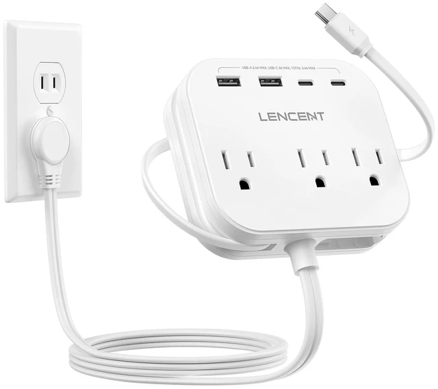 Main image of 2 Prong Power Strip, 3 to 2 Prong Adapter with Flat Plug Cord 2 Prong to 3 Prong Outlet Adapter with USB-C Cable, 5ft Flat Plug Extension Cord for Non-Grounded Outlets, White