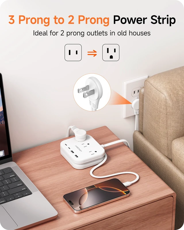 Alt view image 2 of 7 - 2 Prong Power Strip, 3 to 2 Prong Adapter with Flat Plug Cord 2 Prong to 3 Prong Outlet Adapter with USB-C Cable, 5ft Flat Plug Extension Cord for Non-Grounded Outlets, White