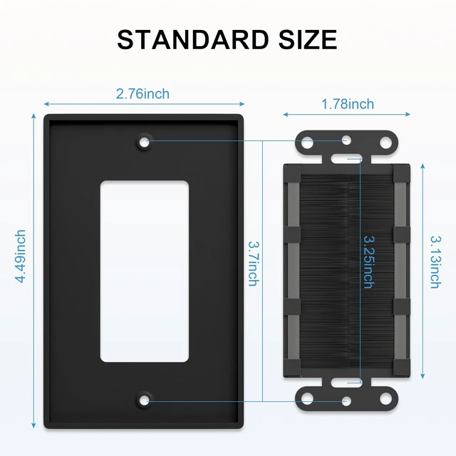 Alt view image 2 of 7 - Brush Wall Plate with Low Voltage Mounting Bracket, Black, 10 pack Cable Pass Through Insert for Wires, Single Gang Cable Access Strap, Wall Socket for HDTV, Home Theater Systems