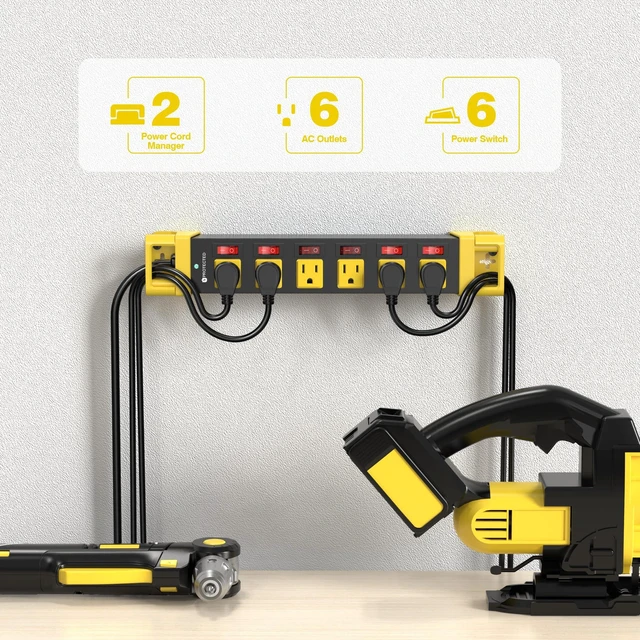Alt view image 3 of 7 - 6 Outlet Power Strip with 6 Individual Switches Cord Manager 1200J 6FT Wall Mount Heavy Duty Power Strip Home Office Garage Industrial Workshop