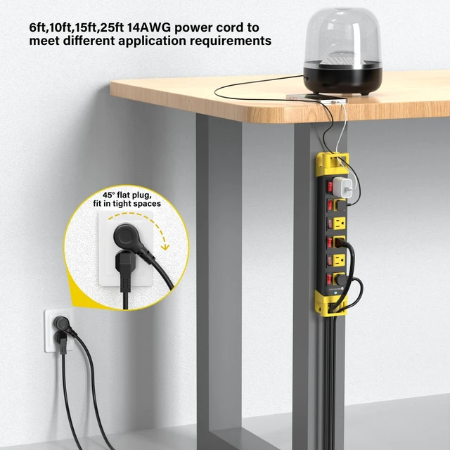 Alt view image 5 of 7 - 6 Outlet Power Strip with 6 Individual Switches Cord Manager 1200J 6FT Wall Mount Heavy Duty Power Strip Home Office Garage Industrial Workshop