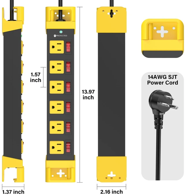 Alt view image 7 of 7 - 6 Outlet Power Strip with 6 Individual Switches Cord Manager 1200J 6FT Wall Mount Heavy Duty Power Strip Home Office Garage Industrial Workshop