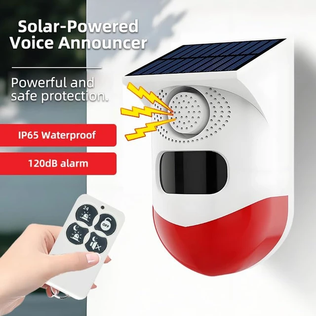 Alt view image 3 of 7 - Solar-Powered Motion Sensor Outdoor Alarm Clock 120-decibel Safety Alarm Light IP65 Waterproof Rating Remotely Adjustable Four Operating Modes Ideal for Homes, Farms, Barns, Yards, and More (3)