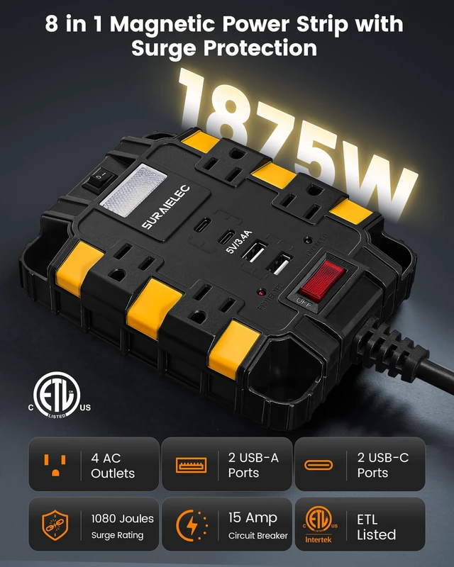 Alt view image 2 of 7 - Magnetic Power Strip, Dual Magnets & 4 Mounting Holes, ETL Listed 1080J Surge Protector, 4 Outlets, 2 USB-A & 2 USB-C, 6 Ft Cord Heavy Duty Industrial Power Strip for Garage, Workshop