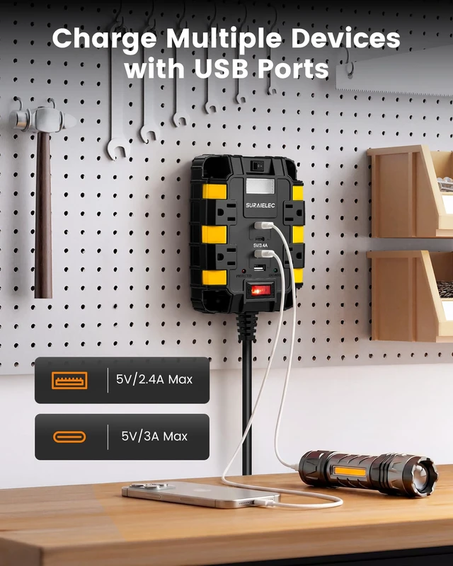 Alt view image 3 of 7 - Magnetic Power Strip, Dual Magnets & 4 Mounting Holes, ETL Listed 1080J Surge Protector, 4 Outlets, 2 USB-A & 2 USB-C, 6 Ft Cord Heavy Duty Industrial Power Strip for Garage, Workshop