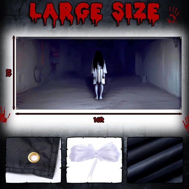 Alt view image 2 of 6 - Halloween Scary Garage Door Cover Banner, 7x16ft, Ghost Halloween Garage Door Decorations, Backdrop Wall Background, Party Decorations, for Home Outdoor Holiday Wall Decor