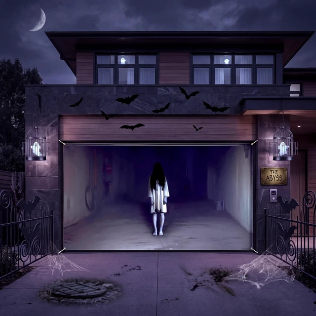 Alt view image 5 of 6 - Halloween Scary Garage Door Cover Banner, 7x16ft, Ghost Halloween Garage Door Decorations, Backdrop Wall Background, Party Decorations, for Home Outdoor Holiday Wall Decor