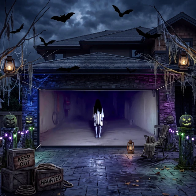 Alt view image 6 of 6 - Halloween Scary Garage Door Cover Banner, 7x16ft, Ghost Halloween Garage Door Decorations, Backdrop Wall Background, Party Decorations, for Home Outdoor Holiday Wall Decor