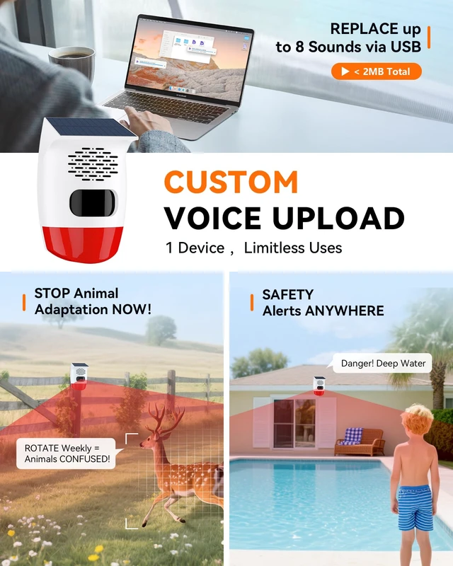 Alt view image 2 of 7 - 2-Pack Solar Motion Sensor Alarm, 120dB Deer Bear Deterrent, IP65 Motion activated voice player, Custom voice upload, Lithium battery, For chicken coop, Pool gate, Garage, Farm protection