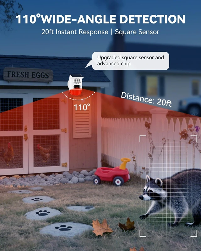Alt view image 3 of 7 - 2-Pack Solar Motion Sensor Alarm, 120dB Deer Bear Deterrent, IP65 Motion activated voice player, Custom voice upload, Lithium battery, For chicken coop, Pool gate, Garage, Farm protection