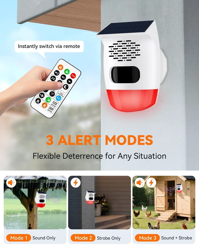 Alt view image 4 of 7 - 2-Pack Solar Motion Sensor Alarm, 120dB Deer Bear Deterrent, IP65 Motion activated voice player, Custom voice upload, Lithium battery, For chicken coop, Pool gate, Garage, Farm protection