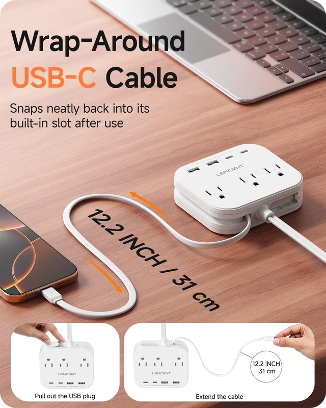 Alt view image 4 of 7 - 2 Prong Power Strip, 3 to 2 Prong Adapter with Flat Plug Cord 2 Prong to 3 Prong Outlet Adapter with USB-C Cable, 5ft Flat Plug Extension Cord for Non-Grounded Outlets, White