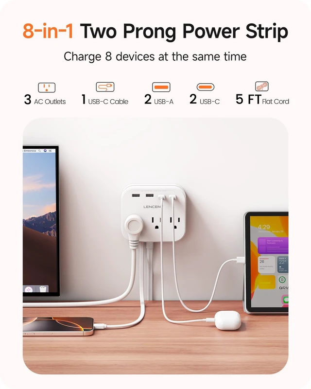 Alt view image 6 of 7 - 2 Prong Power Strip, 3 to 2 Prong Adapter with Flat Plug Cord 2 Prong to 3 Prong Outlet Adapter with USB-C Cable, 5ft Flat Plug Extension Cord for Non-Grounded Outlets, White