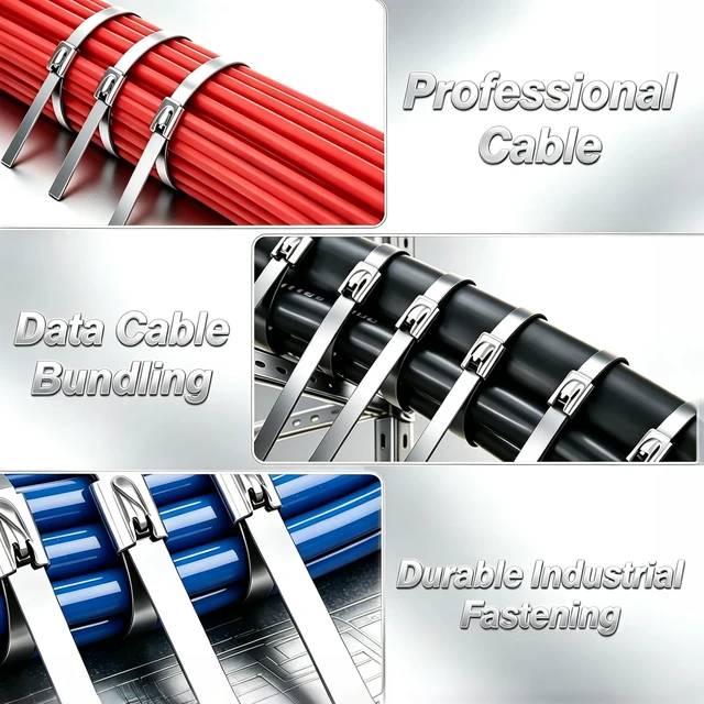 Alt view image 4 of 7 - 300PCS Cable Ties Kit, 11.8 Inch Heavy Duty Silver Metal Zip Ties 304 Stainless Steel Zip Ties, 264LBS High-strength,Self-locking Secure Fastening,Ideal for Outdoor,Fence, Exhaust Wrap Etc