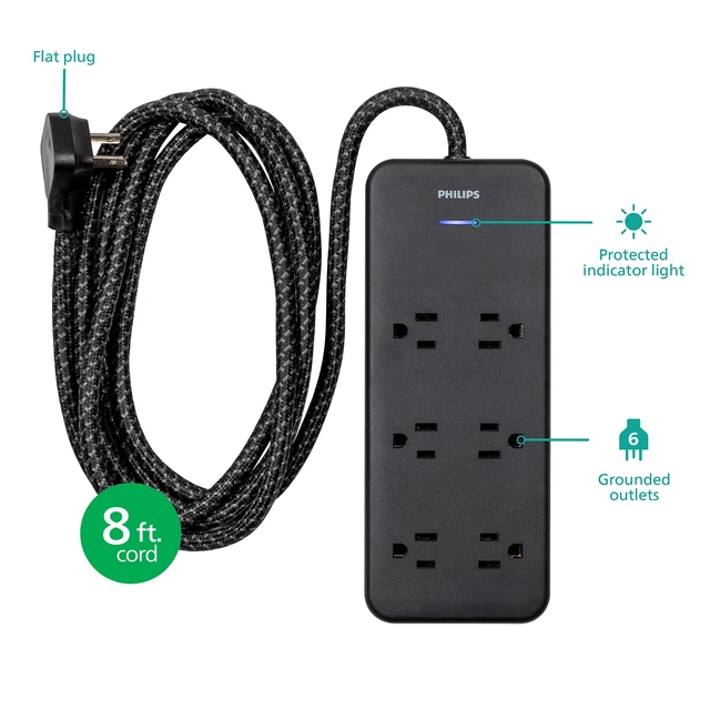 Alt view image 2 of 7 - Surge Protector Power Strip, 8 Ft Long Braided Extension Cord 6 Outlet Extender (Wide Spaced), 1080 Joules, Flat Plug, Wall Mount, On Off Switch, ETL Safety Certified, Black, SPC6066BB/37