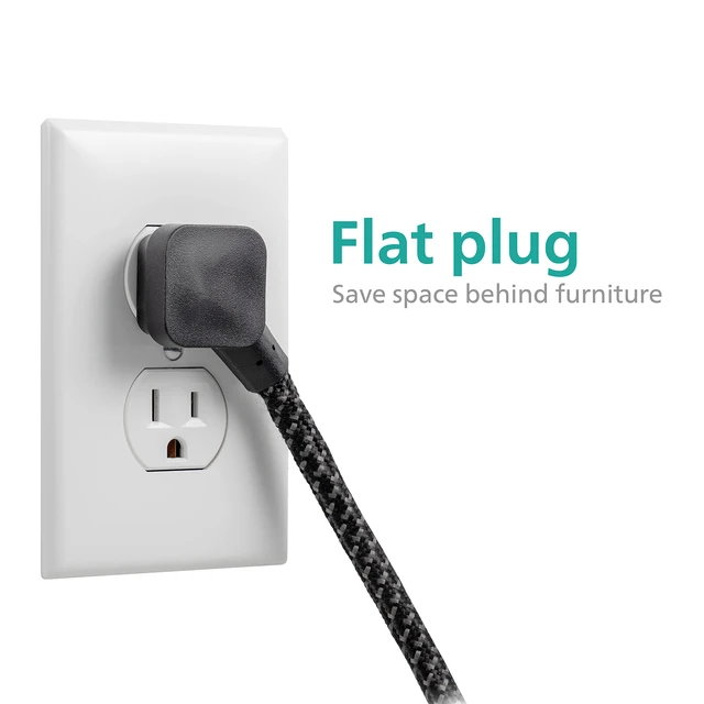Alt view image 4 of 7 - Surge Protector Power Strip, 8 Ft Long Braided Extension Cord 6 Outlet Extender (Wide Spaced), 1080 Joules, Flat Plug, Wall Mount, On Off Switch, ETL Safety Certified, Black, SPC6066BB/37