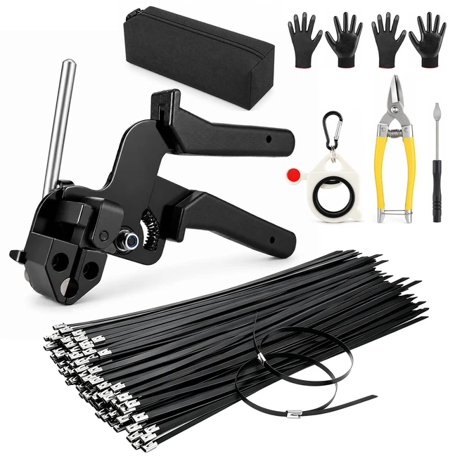 Main image of 100PCS 12" Stainless Steel Cable Tie Gun Kit, Black Metal Zip Ties Heavy Duty & UV Resistant, 200lbs Tensile Strength, Adjustable Cutting Tool for Fencing, Exhaust Wrap & Automotive