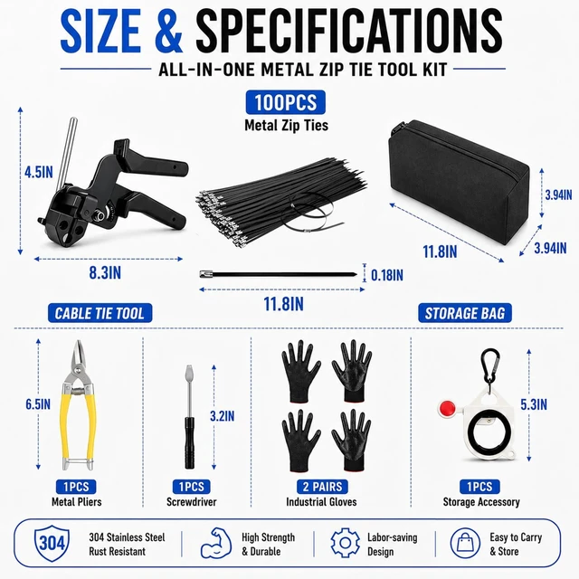 Alt view image 2 of 7 - 100PCS 12" Stainless Steel Cable Tie Gun Kit, Black Metal Zip Ties Heavy Duty & UV Resistant, 200lbs Tensile Strength, Adjustable Cutting Tool for Fencing, Exhaust Wrap & Automotive