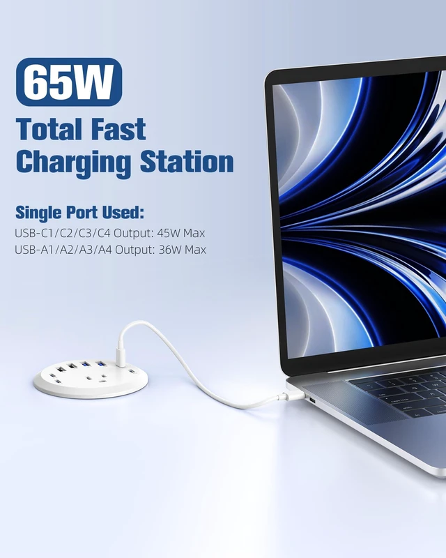 Alt view image 2 of 7 - 3 inch Desk Power Grommet USB C 65W,Ultra-Flat Plug Power Strip White,Recessed Outlet,Desktop Power Grommet for Office PC Desk Cable Cord Cover,Table Outlets for Home,Office