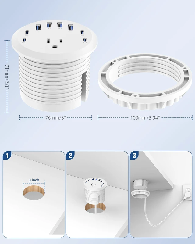 Alt view image 5 of 7 - 3 inch Desk Power Grommet USB C 65W,Ultra-Flat Plug Power Strip White,Recessed Outlet,Desktop Power Grommet for Office PC Desk Cable Cord Cover,Table Outlets for Home,Office