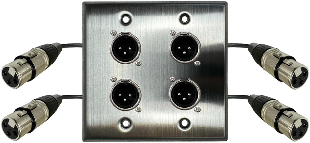 Main image of 4 Port Stainless Steel XLR Wall Plate, Male to Female, Solderless No-Solder XLR Wall Plate with Male to Female Connectors for Pro Audio, Studio, Stage, Rack & In-Wall Installations
