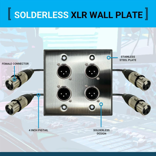Alt view image 2 of 6 - 4 Port Stainless Steel XLR Wall Plate, Male to Female, Solderless No-Solder XLR Wall Plate with Male to Female Connectors for Pro Audio, Studio, Stage, Rack & In-Wall Installations