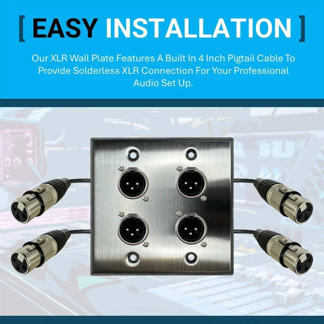 Alt view image 4 of 6 - 4 Port Stainless Steel XLR Wall Plate, Male to Female, Solderless No-Solder XLR Wall Plate with Male to Female Connectors for Pro Audio, Studio, Stage, Rack & In-Wall Installations