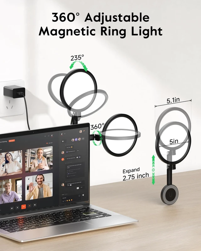 Alt view image 4 of 7 - Upgraded 5" Magnetic Video Conference Lighting for Laptop, Computer CRI 97, 50 Modes, Soft Portable Ring Light with Foldable Stand, for Zoom Meeting, Streaming, Travel Remote Work