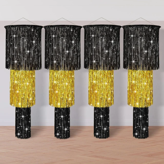 Main image of 4 Pcs 3 Tier Metallic Tinsel Chandelier Shimmering Fringe Chandelier Decor Hanging Decoration Photo Booth Backdrop for Birthday Anniversary Wedding Party Supplies, 4 ft (Black, Gold)