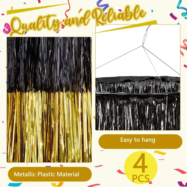 Alt view image 3 of 6 - 4 Pcs 3 Tier Metallic Tinsel Chandelier Shimmering Fringe Chandelier Decor Hanging Decoration Photo Booth Backdrop for Birthday Anniversary Wedding Party Supplies, 4 ft (Black, Gold)