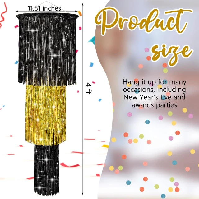 Alt view image 2 of 6 - 4 Pcs 3 Tier Metallic Tinsel Chandelier Shimmering Fringe Chandelier Decor Hanging Decoration Photo Booth Backdrop for Birthday Anniversary Wedding Party Supplies, 4 ft (Black, Gold)
