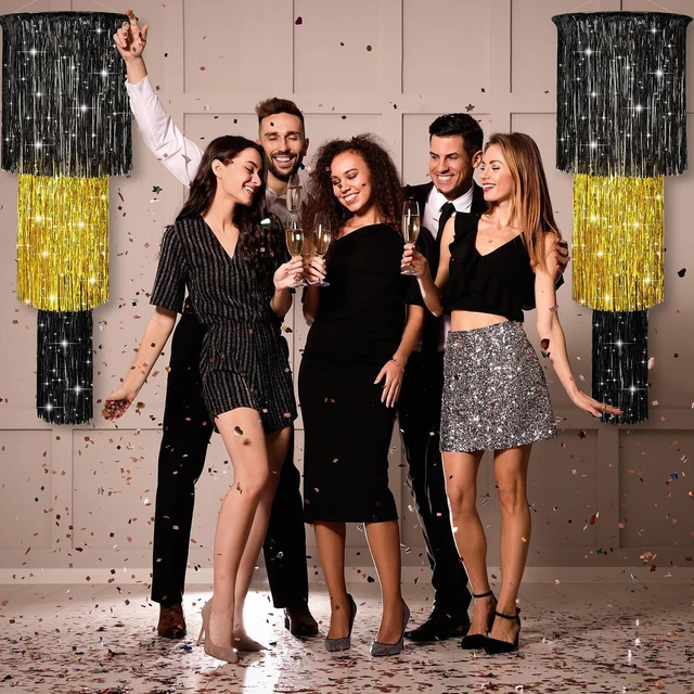 Alt view image 5 of 6 - 4 Pcs 3 Tier Metallic Tinsel Chandelier Shimmering Fringe Chandelier Decor Hanging Decoration Photo Booth Backdrop for Birthday Anniversary Wedding Party Supplies, 4 ft (Black, Gold)