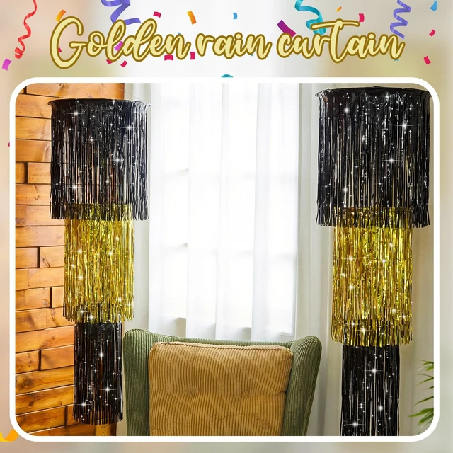 Alt view image 6 of 6 - 4 Pcs 3 Tier Metallic Tinsel Chandelier Shimmering Fringe Chandelier Decor Hanging Decoration Photo Booth Backdrop for Birthday Anniversary Wedding Party Supplies, 4 ft (Black, Gold)