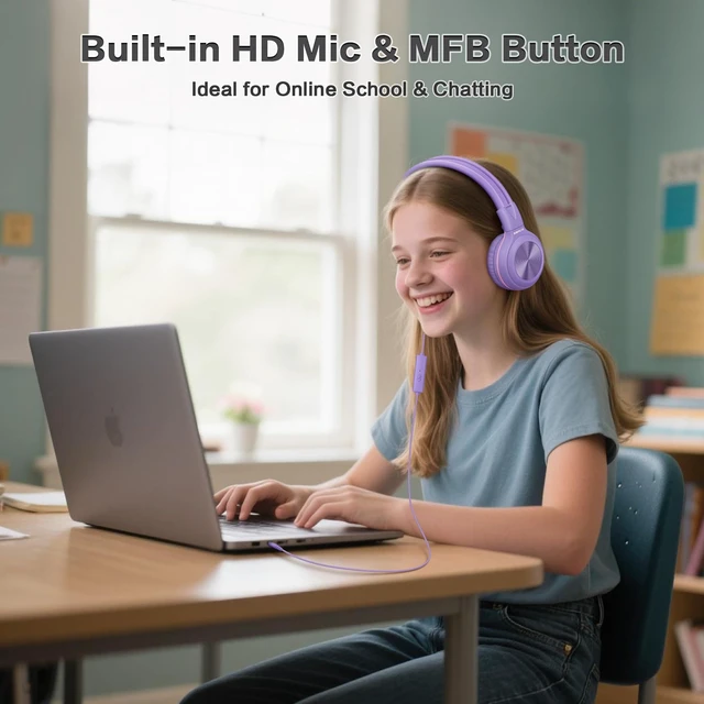 Alt view image 3 of 7 - Manyshare Wired Headphones for Kids with Microphone, 3.5mm Plug Share Port Makes Audio Sharing Simple, 3-Level Volume Limiting and HD Mic, Headset for School, PC, Computer, Travel and Play