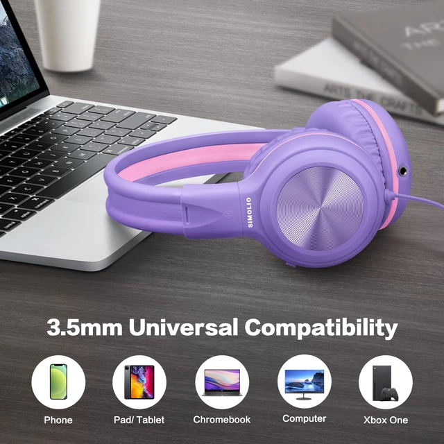 Alt view image 6 of 7 - Manyshare Wired Headphones for Kids with Microphone, 3.5mm Plug Share Port Makes Audio Sharing Simple, 3-Level Volume Limiting and HD Mic, Headset for School, PC, Computer, Travel and Play