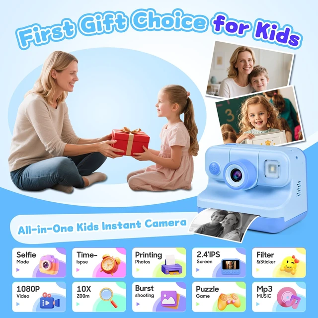 Alt view image 7 of 7 - Kids Instant Print Camera, 30MP 1080P HD Digital Camera for Boys Girls with Color Pens & 32GB Card, Christmas Birthday Gifts Kids Toys for 3-12 Years Old (Blue)