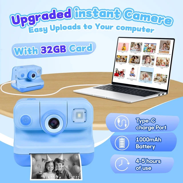 Alt view image 4 of 7 - Kids Instant Print Camera, 30MP 1080P HD Digital Camera for Boys Girls with Color Pens & 32GB Card, Christmas Birthday Gifts Kids Toys for 3-12 Years Old (Blue)