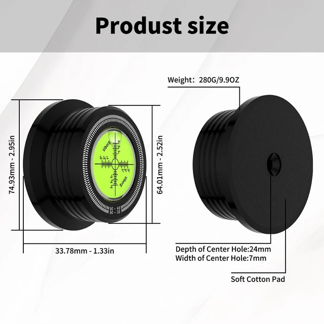 Alt view image 2 of 7 - LP528B Record Weight Phono LP Disc Stabilizer, Black 50Hz Turntable Level, 280G (9.9 OZ) HiFi 3 in 1 Vinyl Clamp Strobe Speed Record Puck with Bubble Leveling (50Hz, Black)