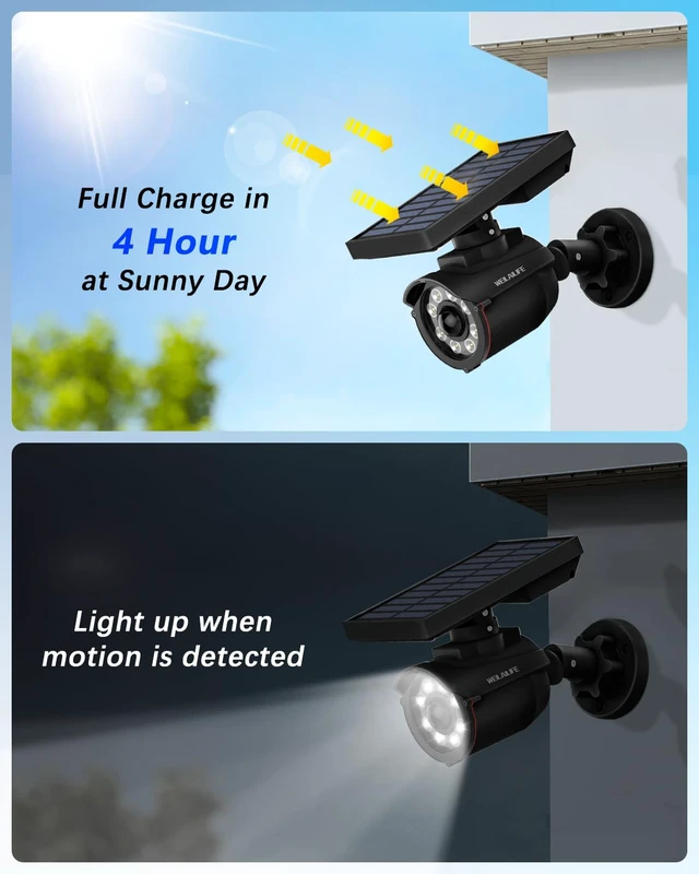 Alt view image 2 of 6 - Solar Motion Sensor Light Outdoor Wireless Security Floodlight Fake Security Camera with LED Spotlights, Waterproof 800 Lumen Bright Exterior Light (Black 2 Pack)