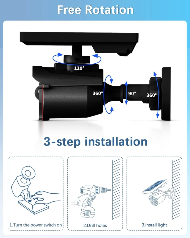 Alt view image 6 of 6 - Solar Motion Sensor Light Outdoor Wireless Security Floodlight Fake Security Camera with LED Spotlights, Waterproof 800 Lumen Bright Exterior Light (Black 2 Pack)