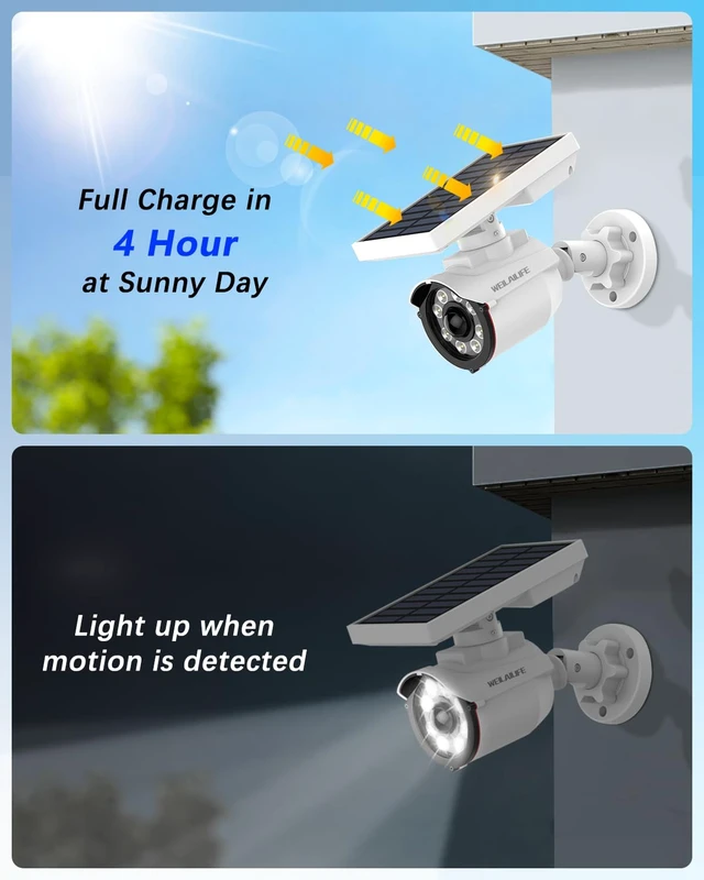 Alt view image 3 of 6 - Solar Motion Sensor Light Outdoor Wireless Security Floodlight Fake Security Camera with LED Spotlights, Waterproof 800 Lumen Bright Exterior Light (White 2 Pack)