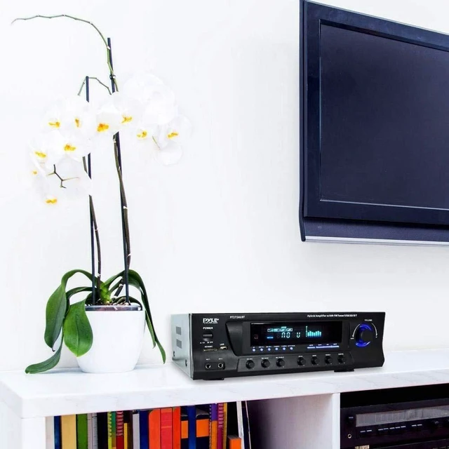 Alt view image 7 of 7 - Home Stereo Amplifier with Bluetooth - 300 Watt Max 4 Channel Stereo Receiver with Easy Karaoke - Dual Mic In with EQ and Echo, USB-A and SD Card In, RCA In, RCA Out, LED Display - PT272AUBT