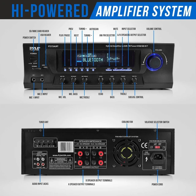 Alt view image 3 of 7 - Home Stereo Amplifier with Bluetooth - 300 Watt Max 4 Channel Stereo Receiver with Easy Karaoke - Dual Mic In with EQ and Echo, USB-A and SD Card In, RCA In, RCA Out, LED Display - PT272AUBT