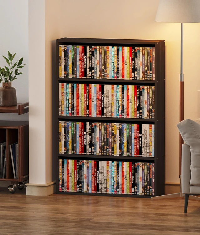 Alt view image 3 of 7 - DVD Storage Cabinet Shelf, 4 Tier Media Storage Tower for CDs & Video Games, Freestanding Organizer Shelf for Living Room Home Office, Holds 160+ DVDs(Black)