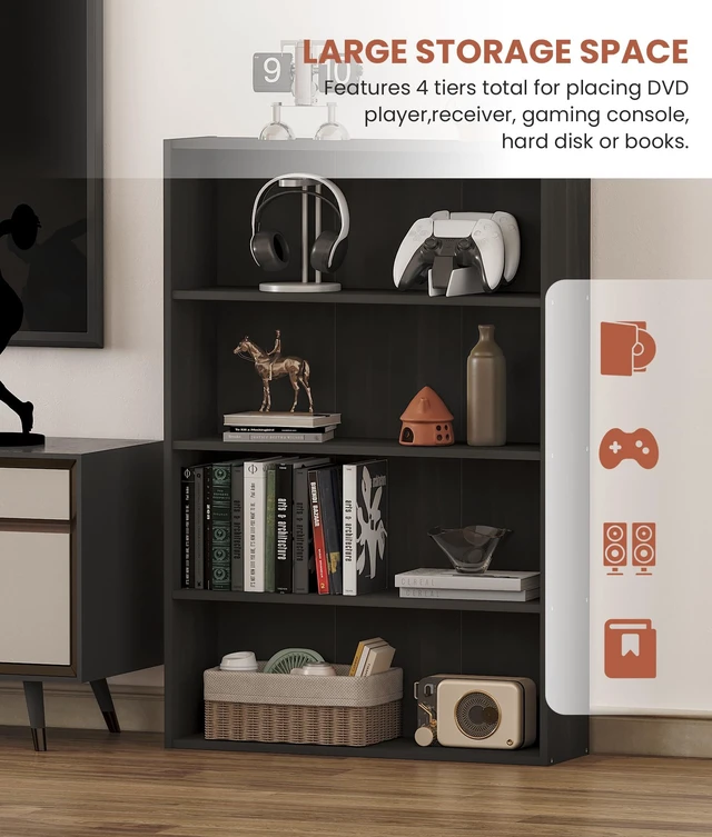 Alt view image 4 of 7 - DVD Storage Cabinet Shelf, 4 Tier Media Storage Tower for CDs & Video Games, Freestanding Organizer Shelf for Living Room Home Office, Holds 160+ DVDs(Black)