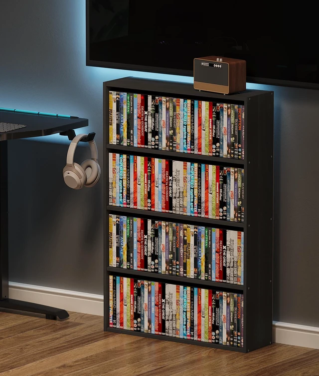 Alt view image 7 of 7 - DVD Storage Cabinet Shelf, 4 Tier Media Storage Tower for CDs & Video Games, Freestanding Organizer Shelf for Living Room Home Office, Holds 160+ DVDs(Black)