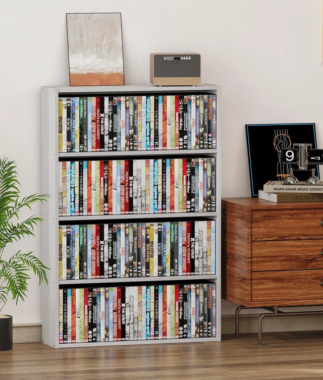 Main image of DVD Storage Rack, 4 Tier Media Organizer Shelf for CDs, Video Games & Movies, CD Tower Storage Rack for Living Room Home Office, Holds 160+ DVDs(White)