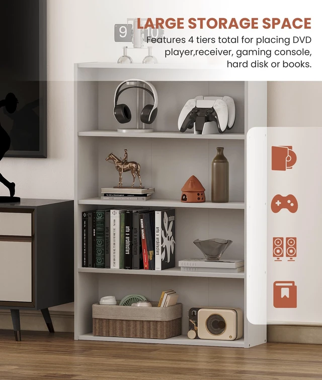 Alt view image 4 of 7 - DVD Storage Rack, 4 Tier Media Organizer Shelf for CDs, Video Games & Movies, CD Tower Storage Rack for Living Room Home Office, Holds 160+ DVDs(White)